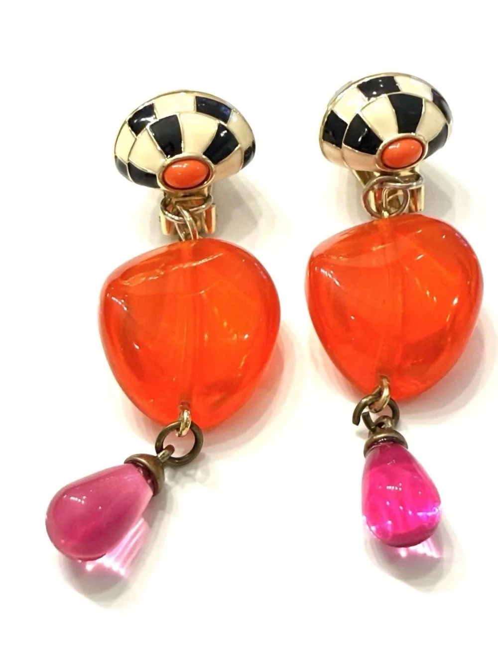 Kenneth Lane Pink + Black & White Checkerboard Conch Shell KJL Drop Earrings - Picture 8 of 9